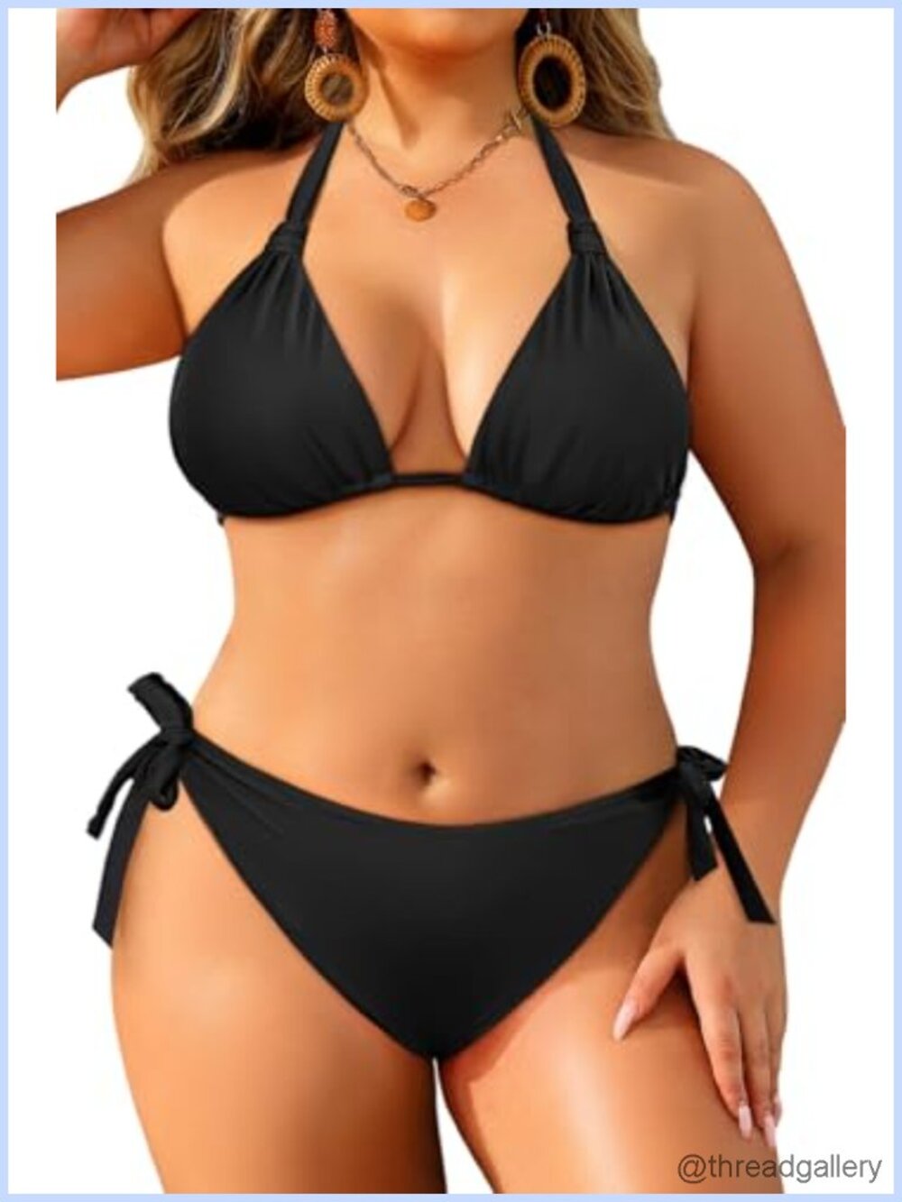 Plus Size Triangle Bikini Set with Halter Neck and Adjustable Ties